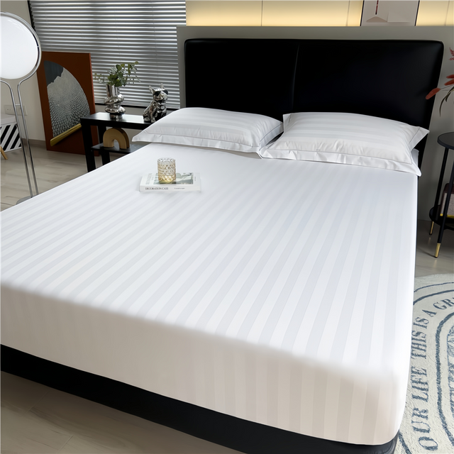 Hotel 100% Cotton White Color Stripe Fitted Sheet 