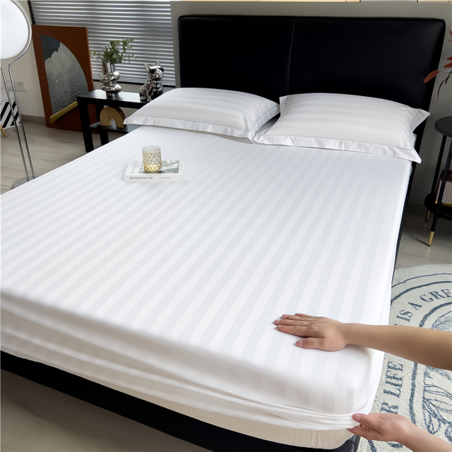 Hotel 100% Cotton White Color Stripe Fitted Sheet 